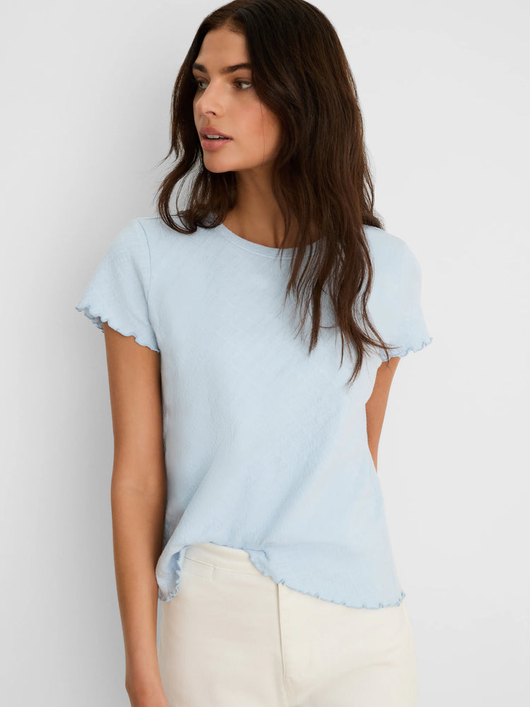 Light blue lace knit t-shirt with short sleeves and ruffled edges on sleeves and hem.
