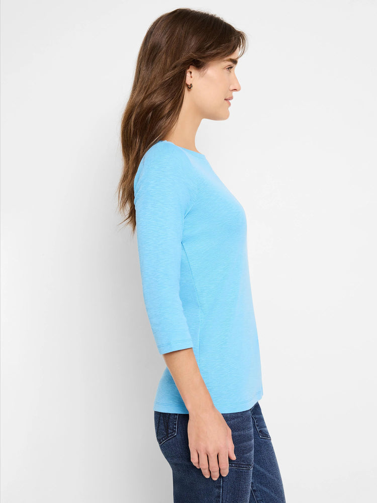 Sky blue 3/4 sleeve boat neck tee, heathered texture.