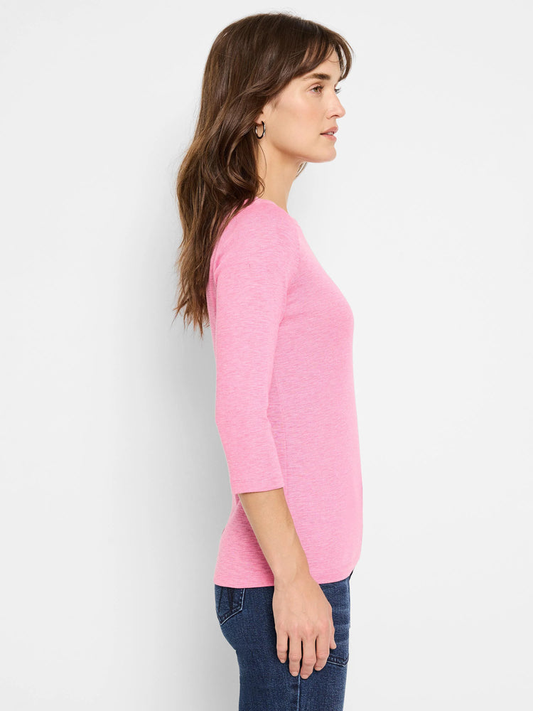 Heathered pink 3/4 sleeve boat neck tee.
