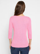 Heather pink 3/4 sleeve boat tee, back view on a model.