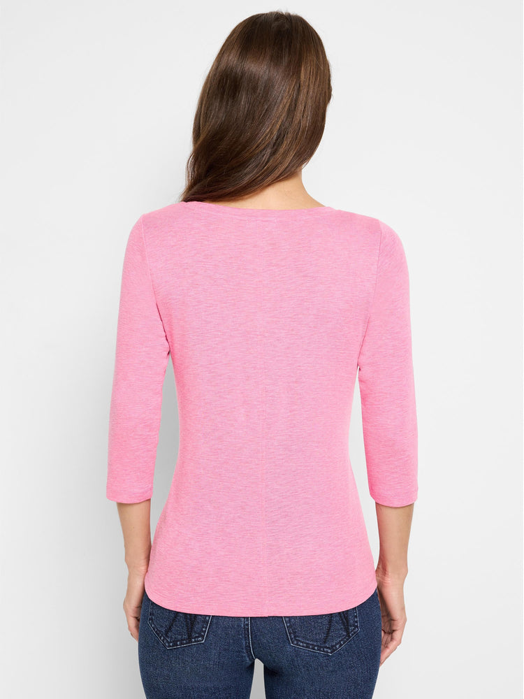 Heather pink 3/4 sleeve boat tee, back view on a model.