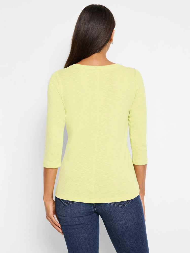 Light yellow-green 3/4 sleeve boat tee with textured fabric and a center back seam, shown from the back.