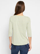 Gray and pale yellow horizontally striped 3/4 sleeve tee with a boat neck, viewed from the back.