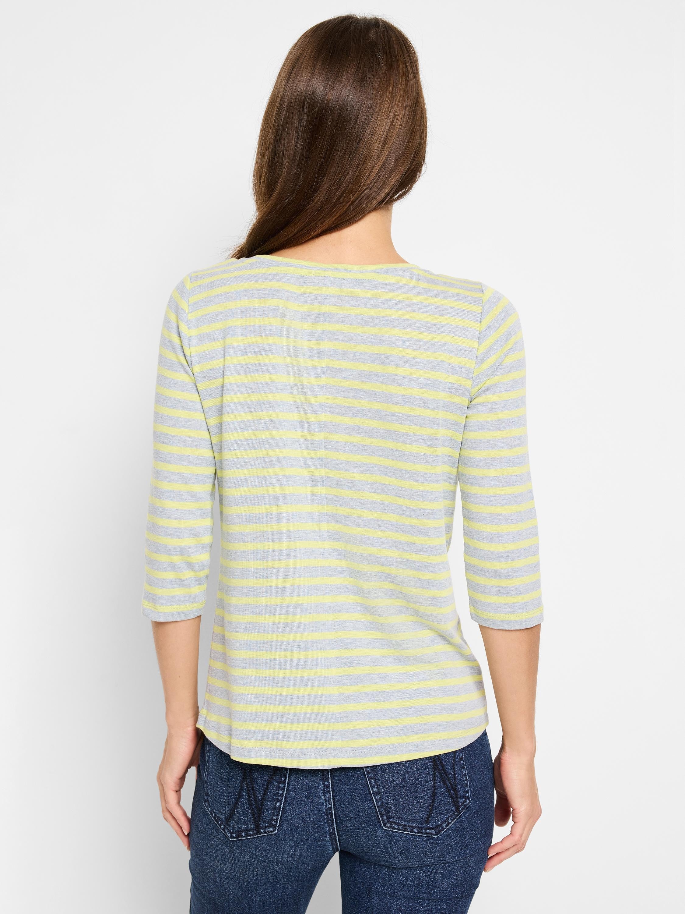 Gray and pale yellow horizontally striped 3/4 sleeve tee with a boat neck, viewed from the back.