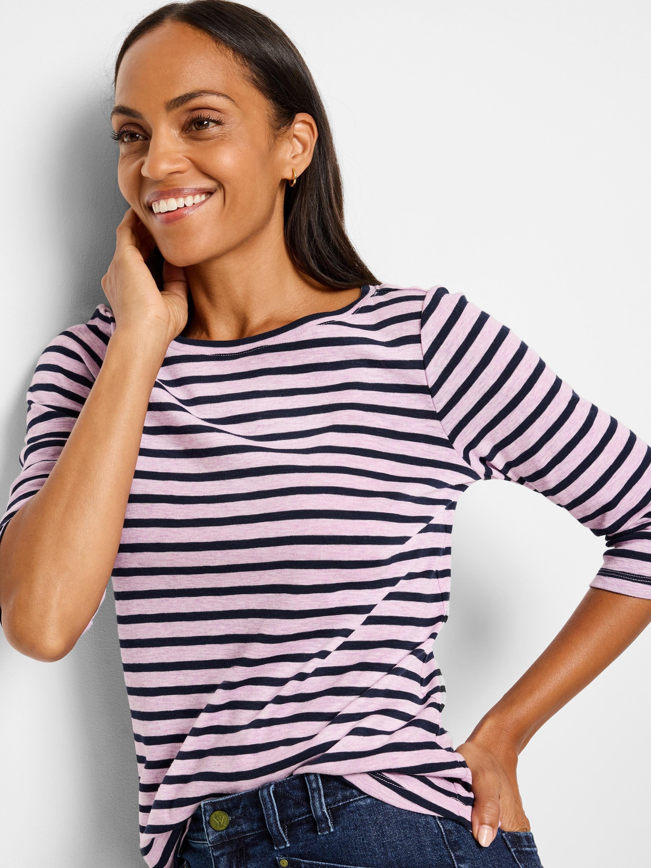 Light pink and navy horizontal striped 3/4 sleeve boat neck tee.