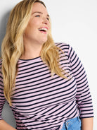 Light pink and navy horizontal striped 3/4 sleeve boat neck tee.