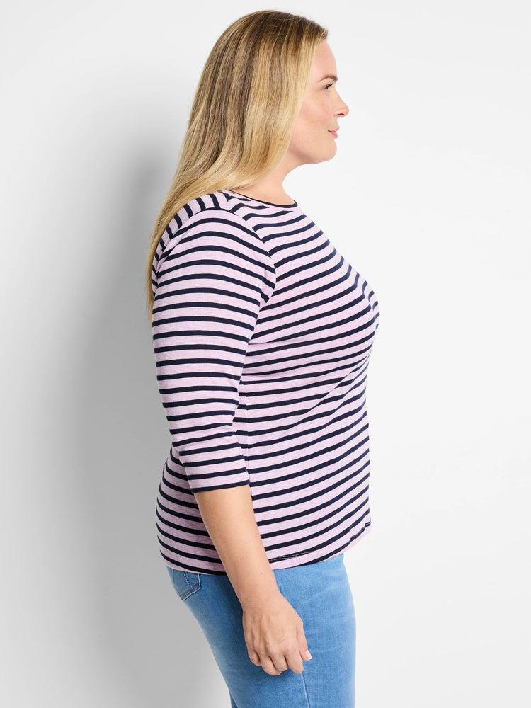 Light pink and navy horizontal stripe 3/4 sleeve boat neck tee.