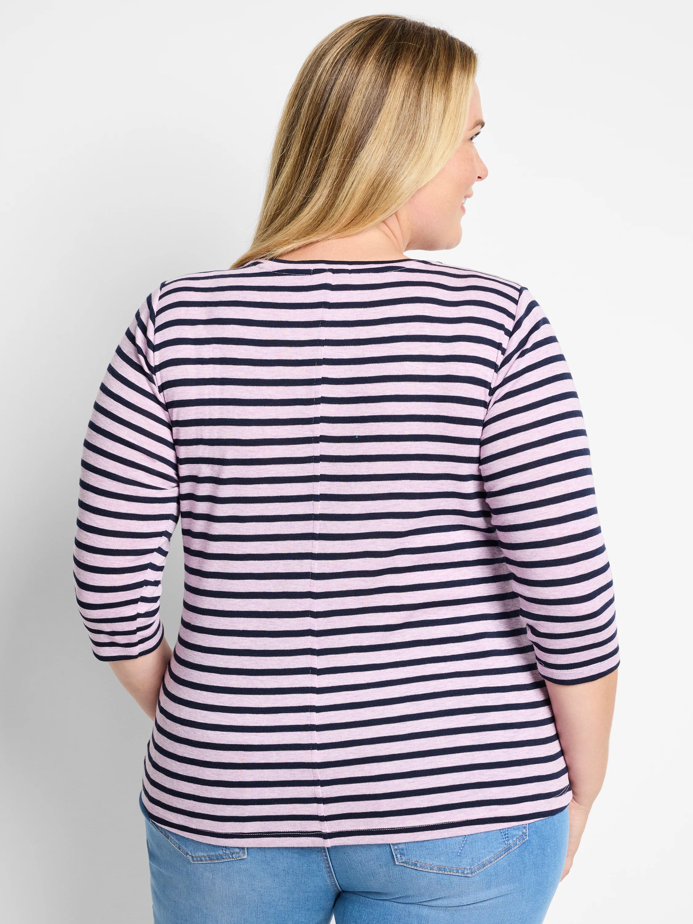 Pink and navy horizontal striped 3/4 sleeve tee, shown on model from back.