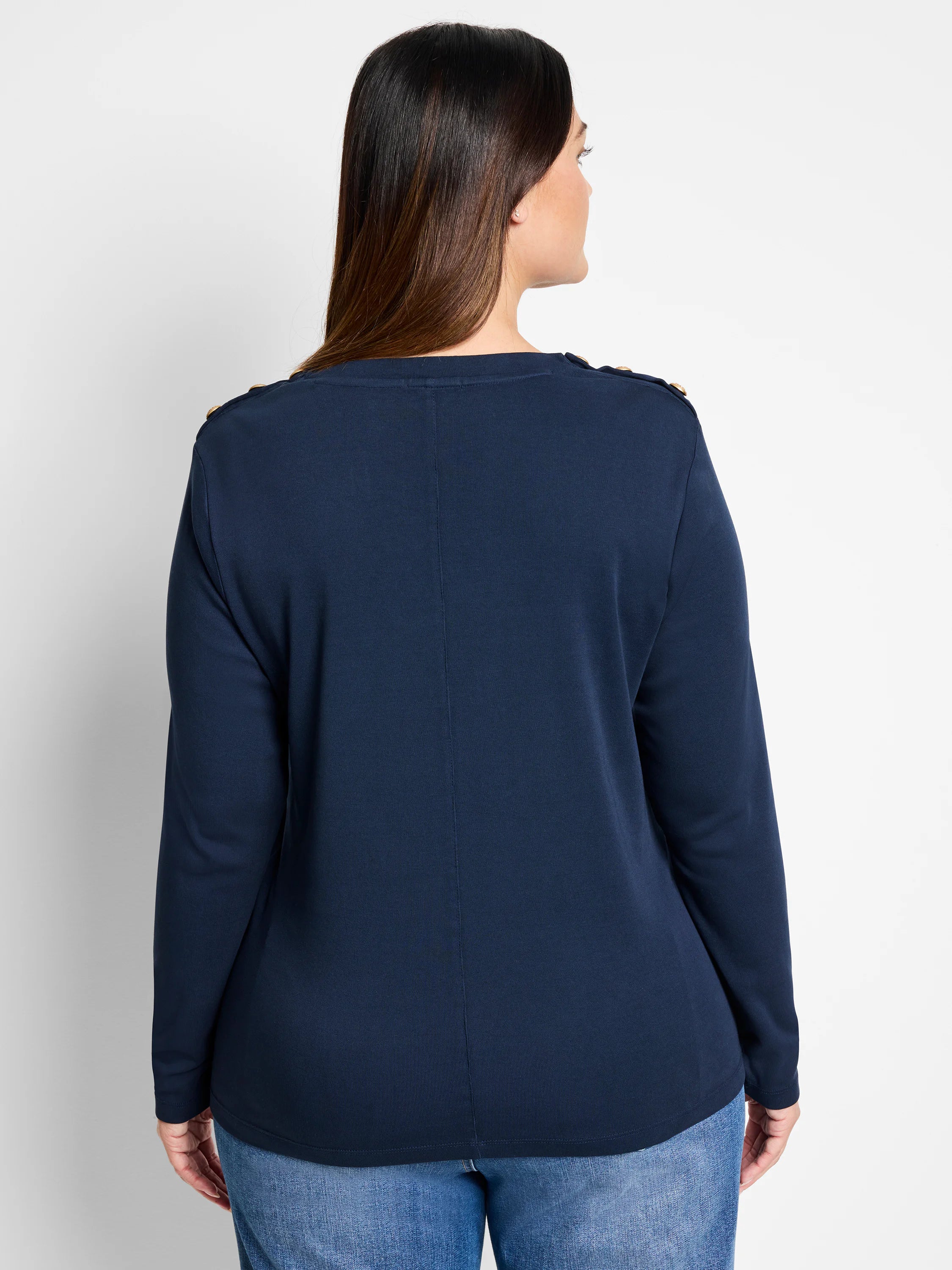Here's alt text for the image, suitable for visually impaired users:

"Navy blue long-sleeve top, back view.  Features...