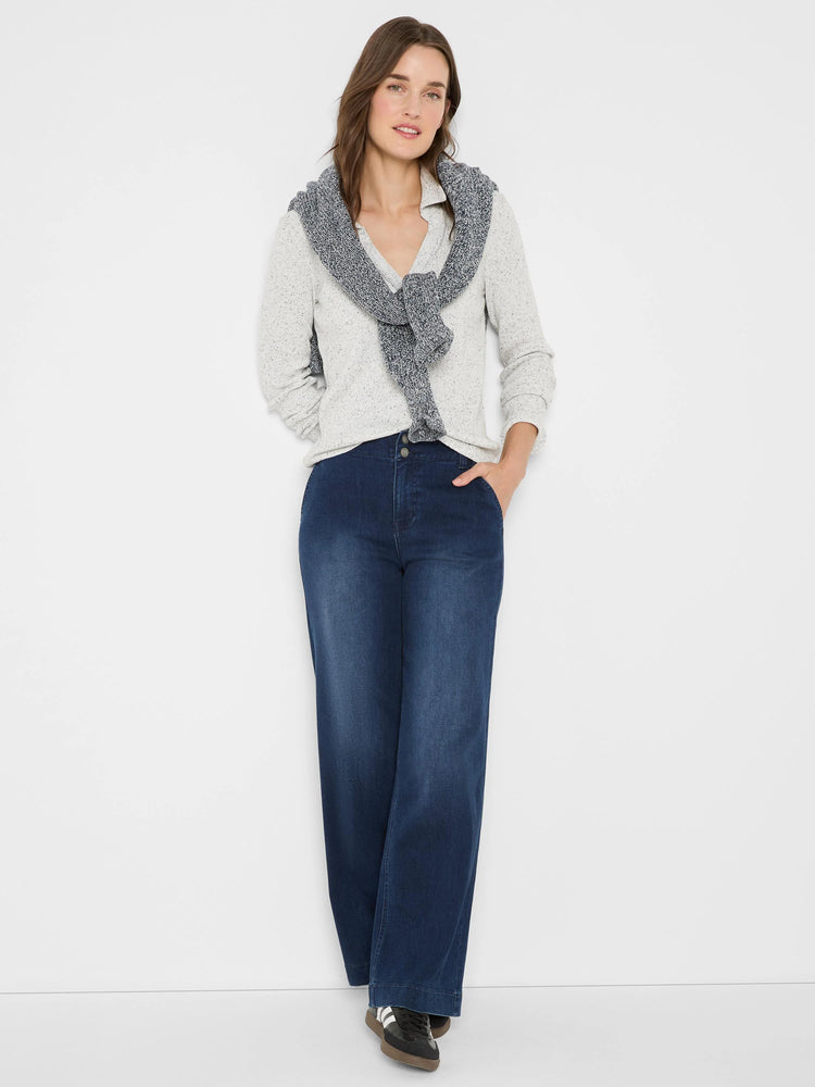 Light gray speckled ribbed long sleeve polo shirt with collar.