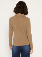 Light brown ribbed long sleeve polo with a collar and dark speckles, shown from the back.