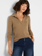 Tan speckled ribbed long-sleeve polo with V-neck.