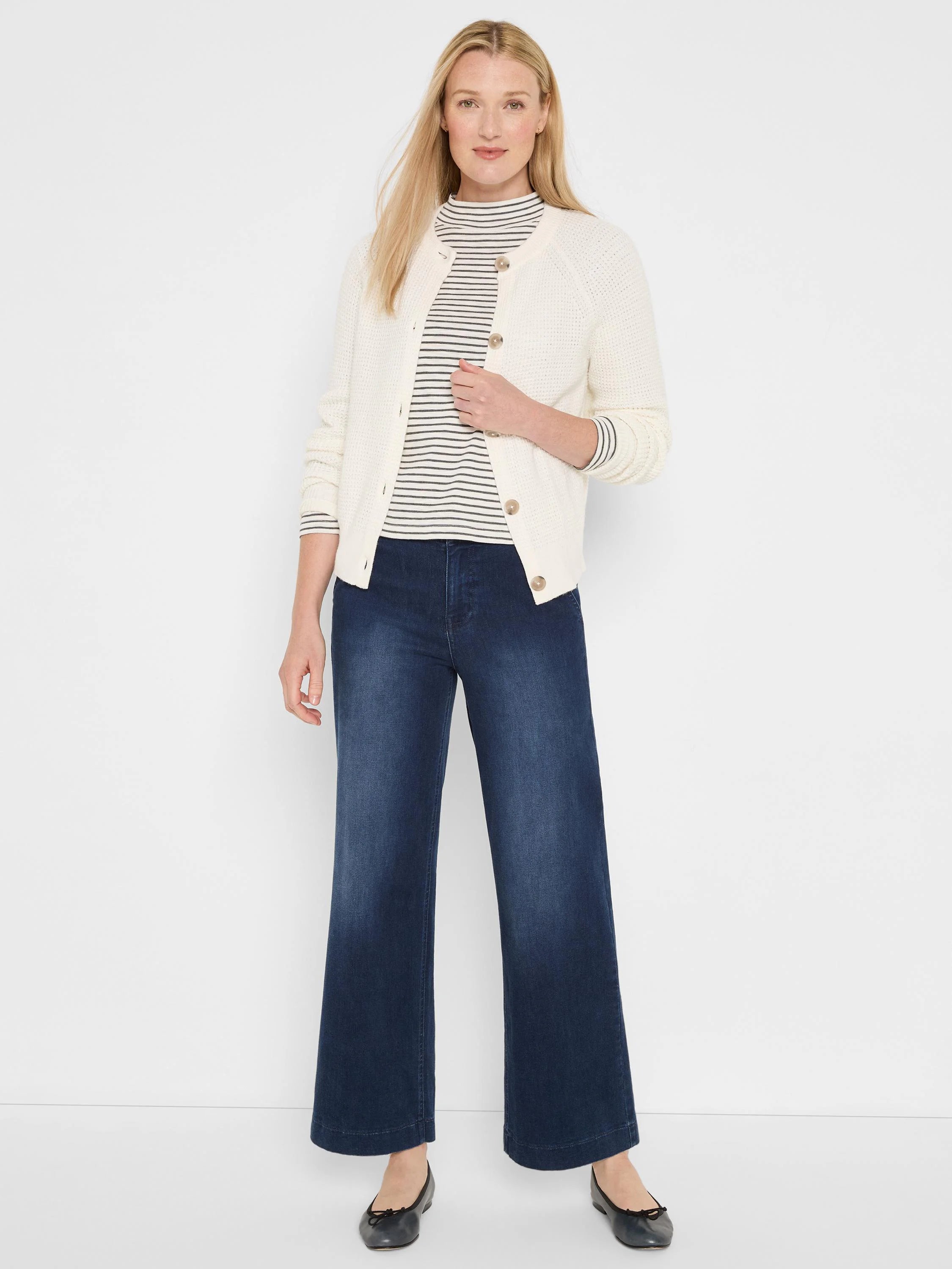 Off-white & black horizontal striped long sleeve mock neck tee.