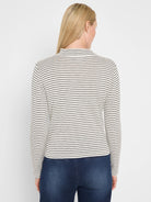 Off-white and dark grey striped long sleeve mock neck tee, shown from the back on a person.