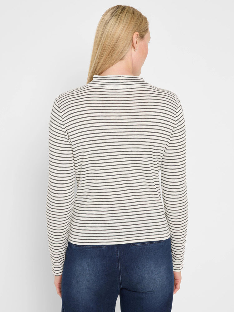 Off-white and dark grey striped long sleeve mock neck tee, shown from the back on a person.