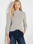 Cream and charcoal striped long sleeve mock neck tee.