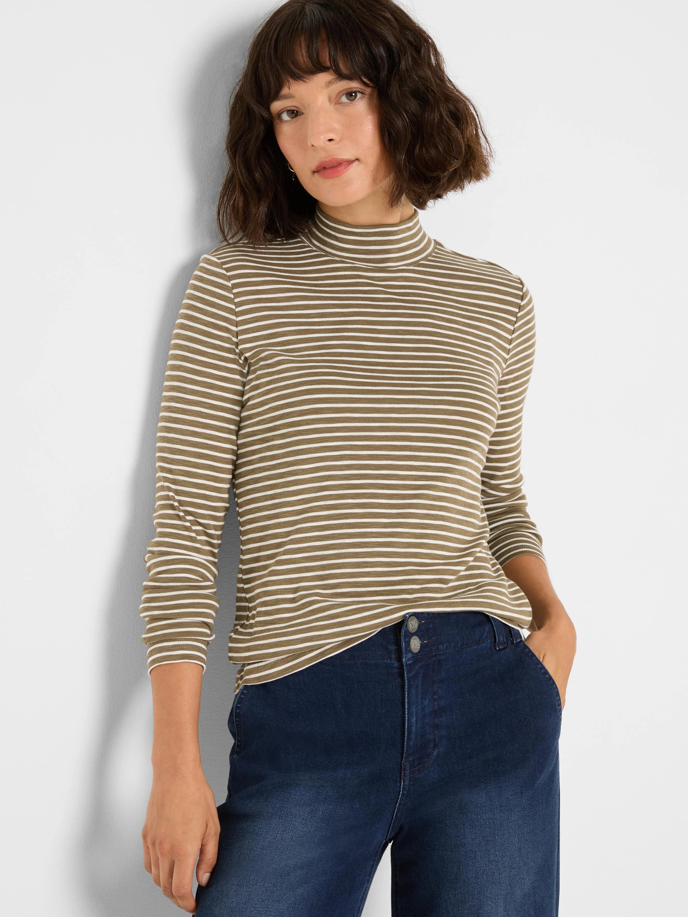 Olive green mock neck tee with horizontal off-white stripes and long sleeves.