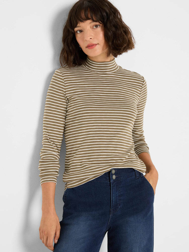 Olive green mock neck tee with horizontal off-white stripes and long sleeves.