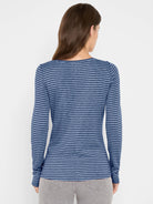Blue long-sleeve boat neck tee with light blue horizontal stripes.