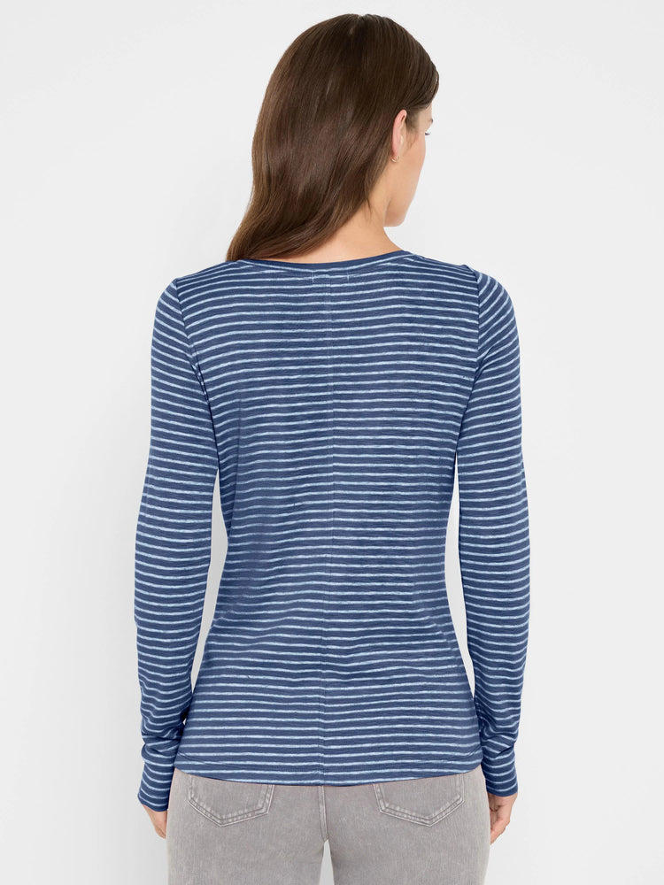 Blue long-sleeve boat neck tee with light blue horizontal stripes.