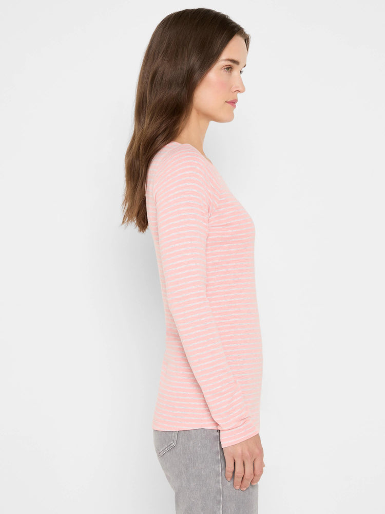 Model wears a pink long sleeve boat tee with light grey horizontal stripes.
