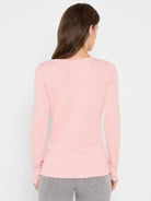 Pink long sleeve boat tee with thin horizontal light grey stripes, back view.