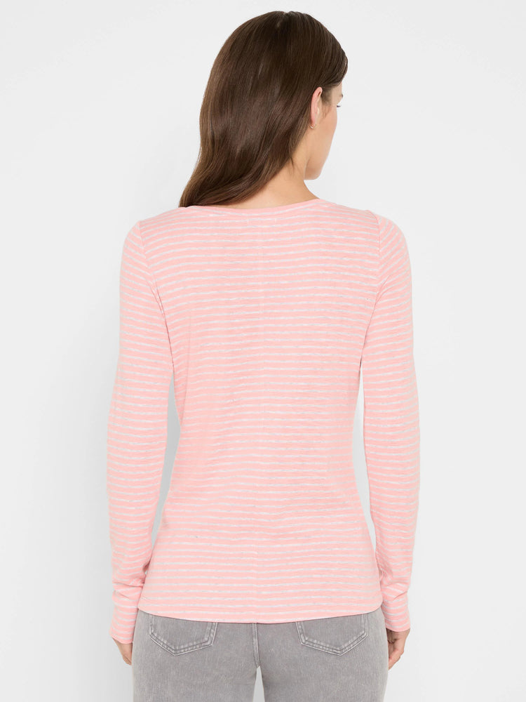 Pink long sleeve boat tee with thin horizontal light grey stripes, back view.