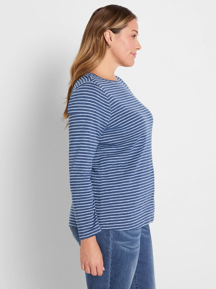Long sleeve boat neck tee with horizontal dark blue and light blue stripes.