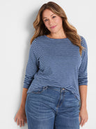 Long sleeve boat neck tee with alternating dark and light blue horizontal stripes.