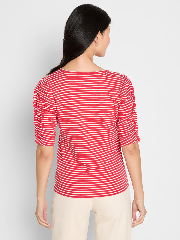 A fitted red and white striped top with a scoop neck and elbow-length sleeves featuring side ruching.