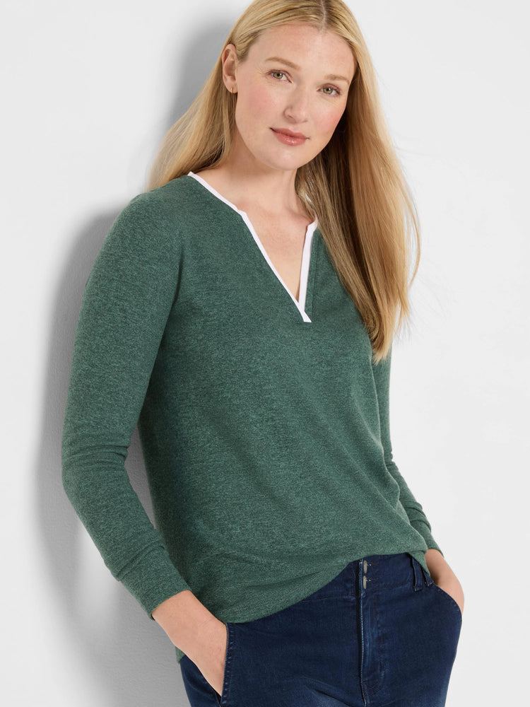 Dark green heathered jersey tee with long sleeves and a white-trimmed split neckline.