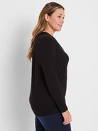 Black long-sleeved tee with a light-colored double-layer split neck.