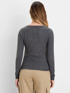 Charcoal & light grey thin horizontal striped long-sleeve tee with a subtle brushed texture. Wide neckline, back view.
