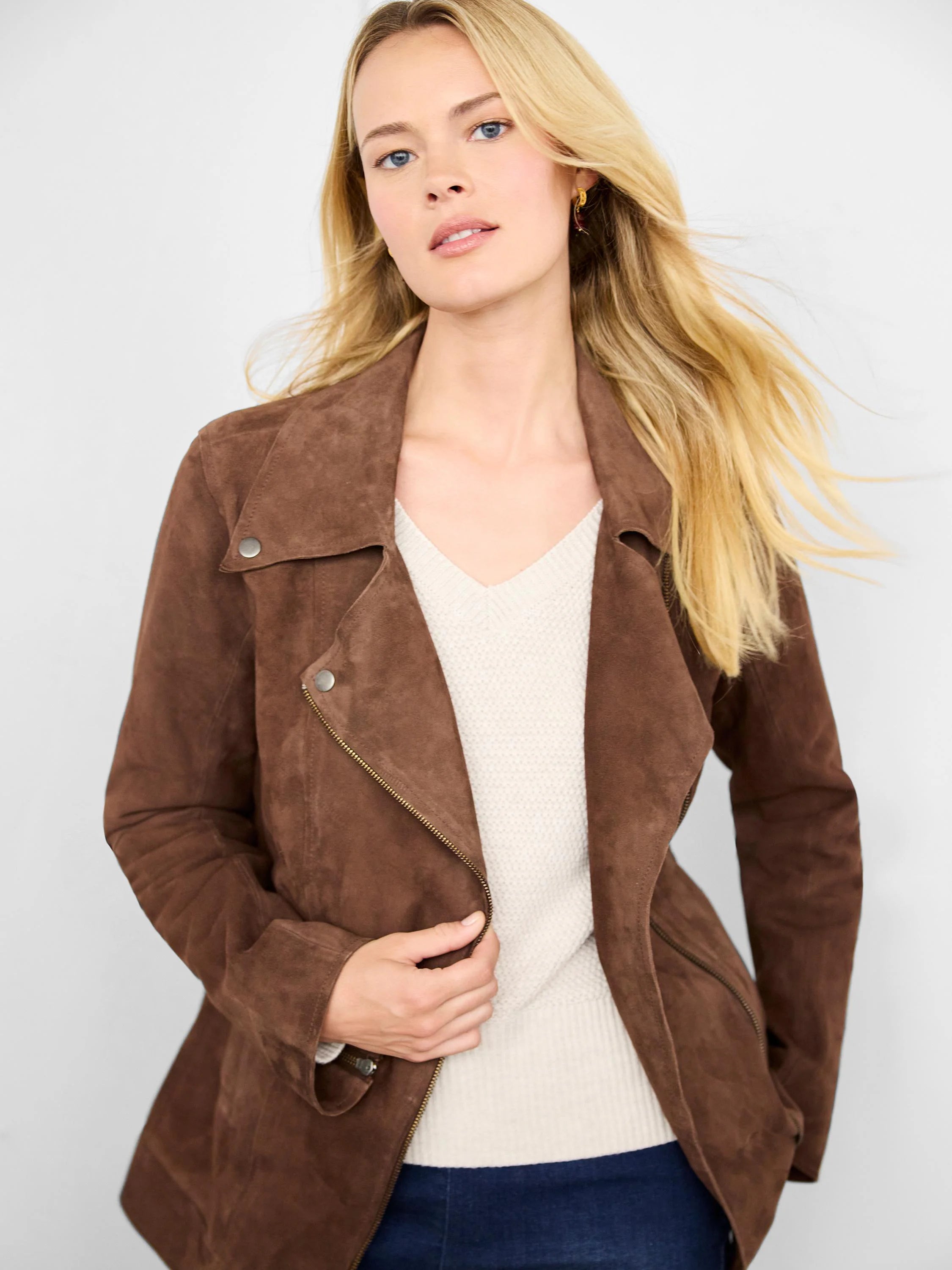 Brown suede snap jacket, asymmetrical zipper.  Features snap closures.
