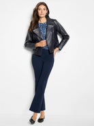 Dark-navy leather biker jacket, asymmetrical zipper.