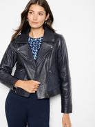 Dark navy blue leather biker jacket, asymmetrical zipper, and two zippered pockets.