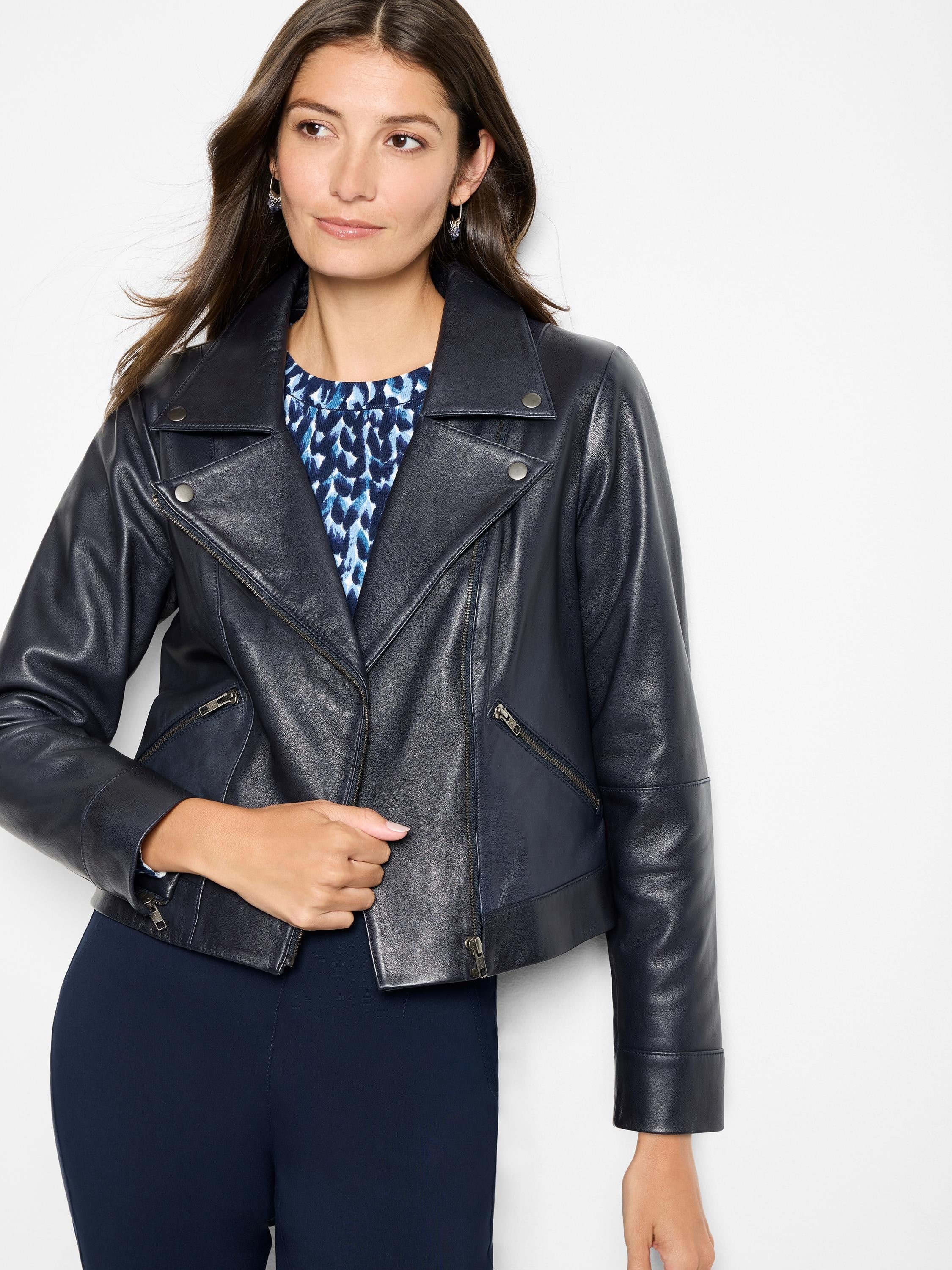 Dark navy blue leather biker jacket, asymmetrical zipper, and two zippered pockets.