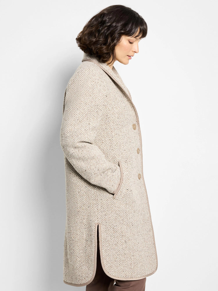 Beige herringbone wool topcoat with taupe trim, long sleeves, and a center front closure.