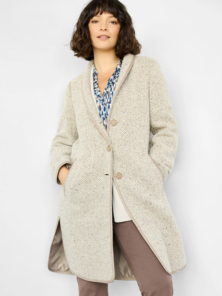 Beige herringbone wool coat with taupe trim.  Three buttons.  Side pockets.  Lined.