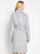 Light gray belted wrap coat, long sleeves, shown from the back.
