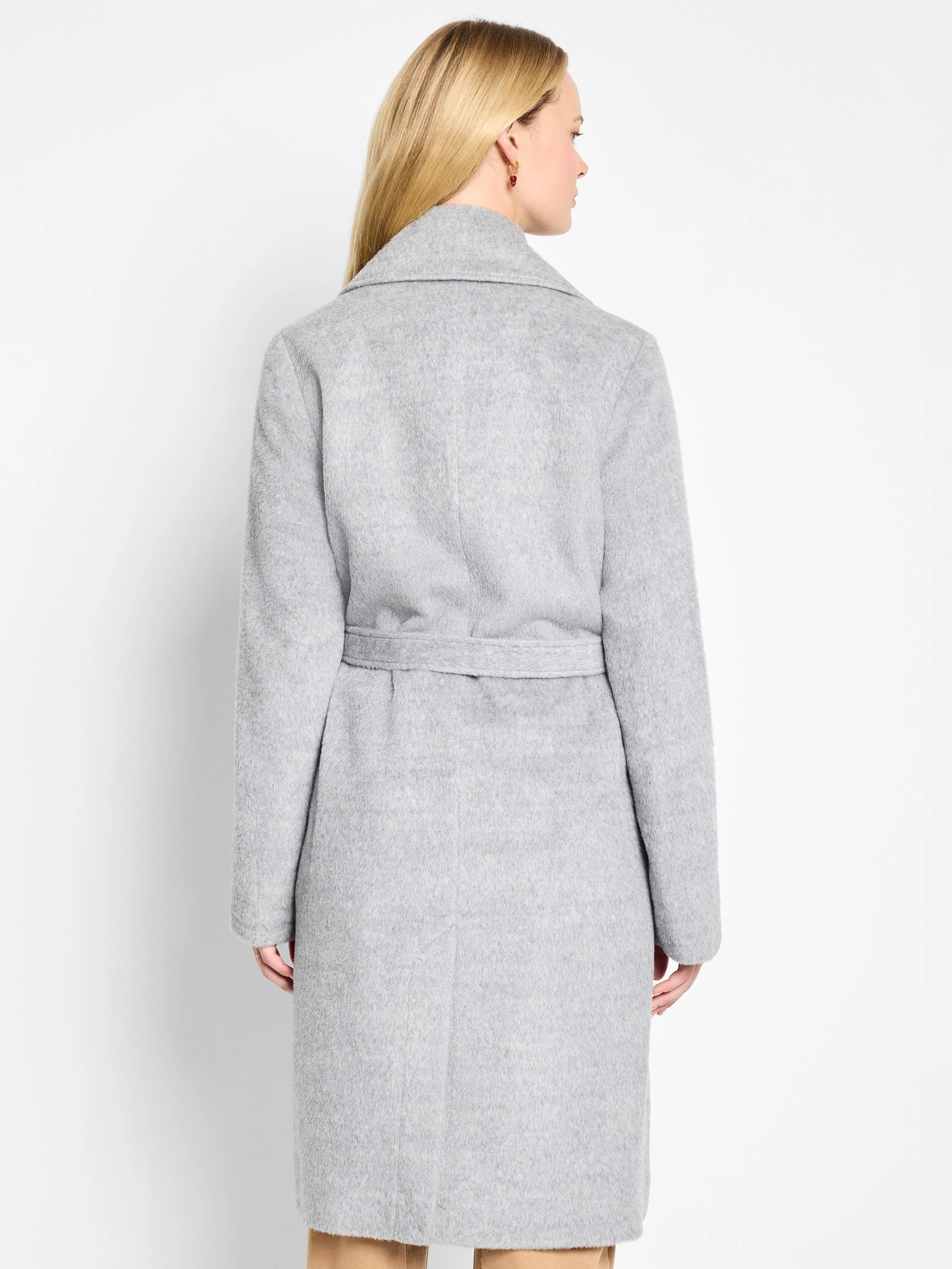Light gray belted wrap coat, long sleeves, shown from the back.