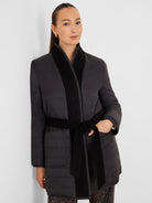 Dark gray quilted wrap coat with black wool lapels and a matching tied belt.