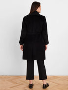 Black Alpaca Wool Blend Wrap Coat, back view. Features ribbed collar, waist tie, and mid-thigh length.