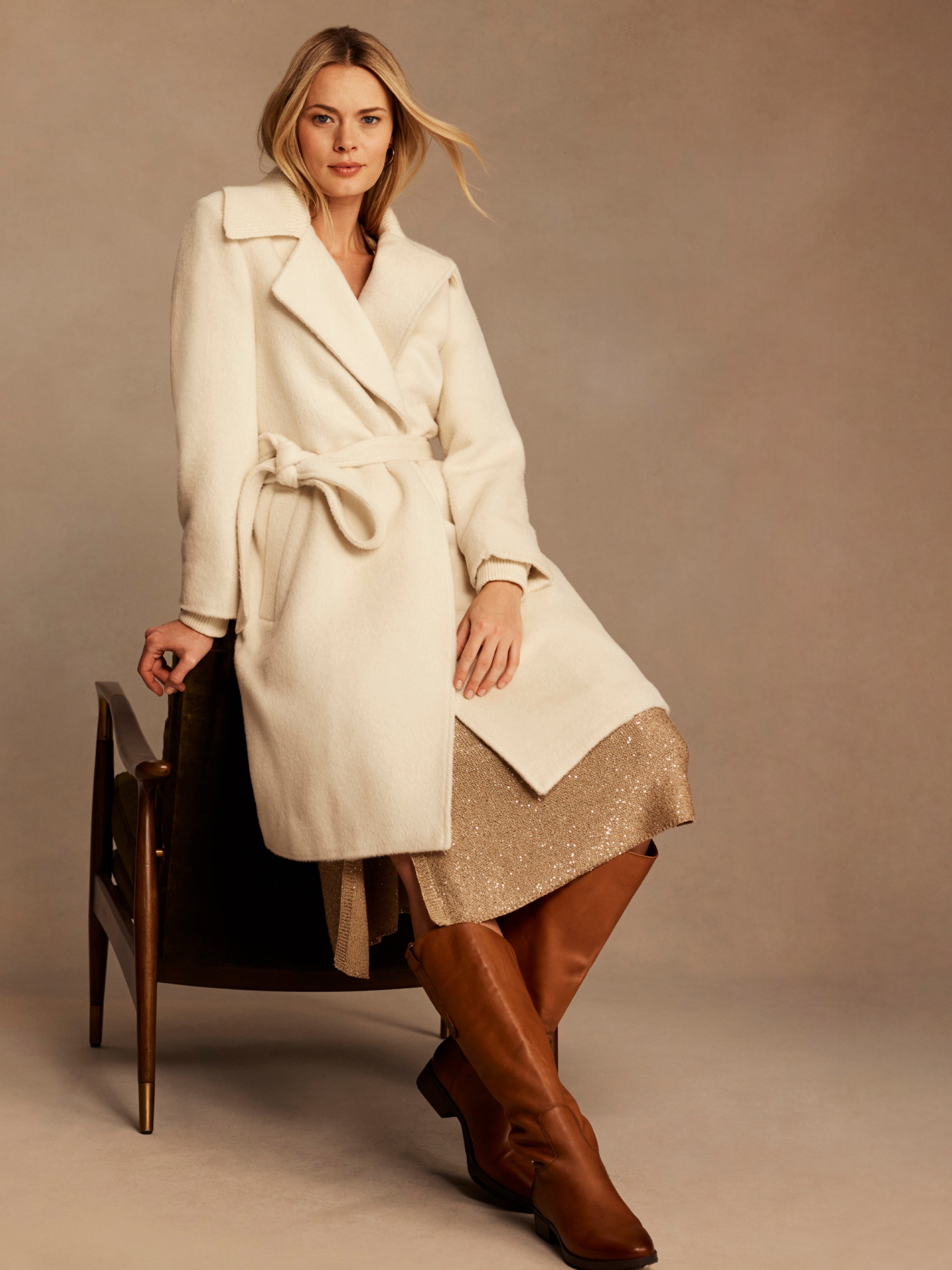 Alpaca Wool Blend Knit Trim Wrap Coat