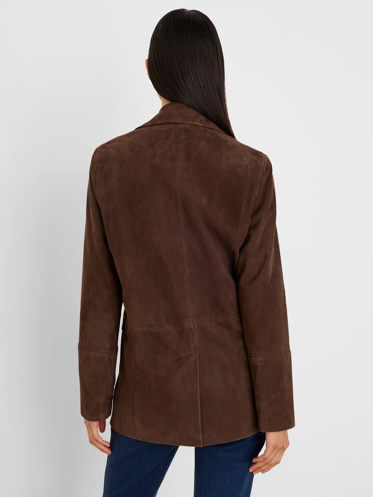 Dark brown suede coat, seen from the back, with vertical seam details.