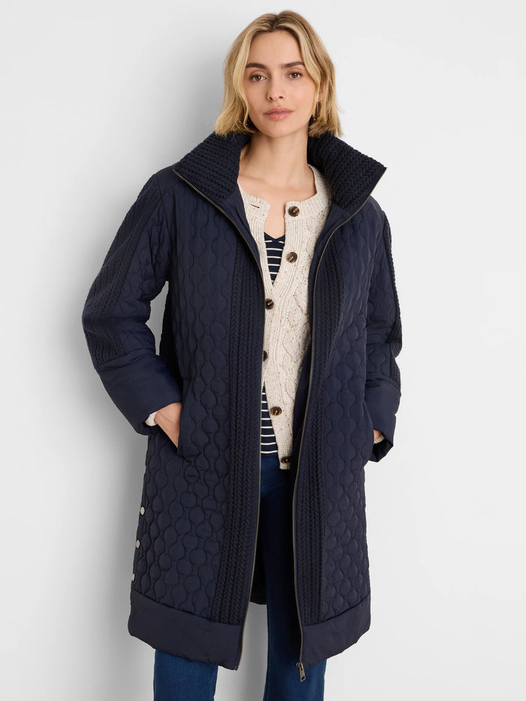 Navy parka with quilted wavy pattern body, knit collar, shoulders & side panels. Zip closure.