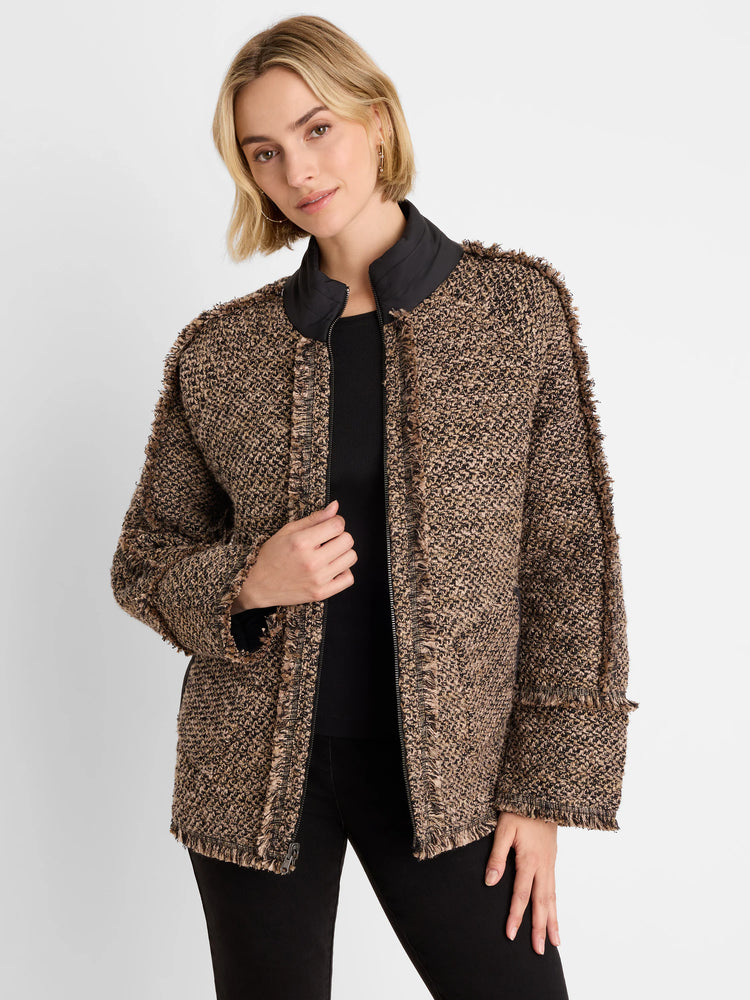Brown and black textured reversible coat with fringe trim and a black stand collar.
