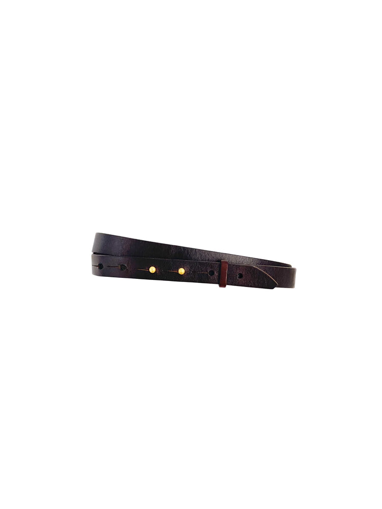 Coiled dark brown leather belt with gold studs and a narrow leather keeper loop.
