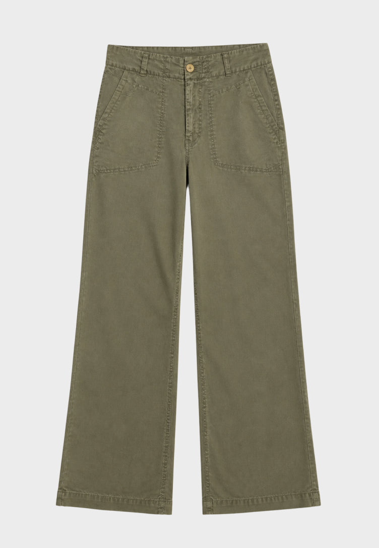 A pair of olive green wide-leg pants shown flat against a light gray background.