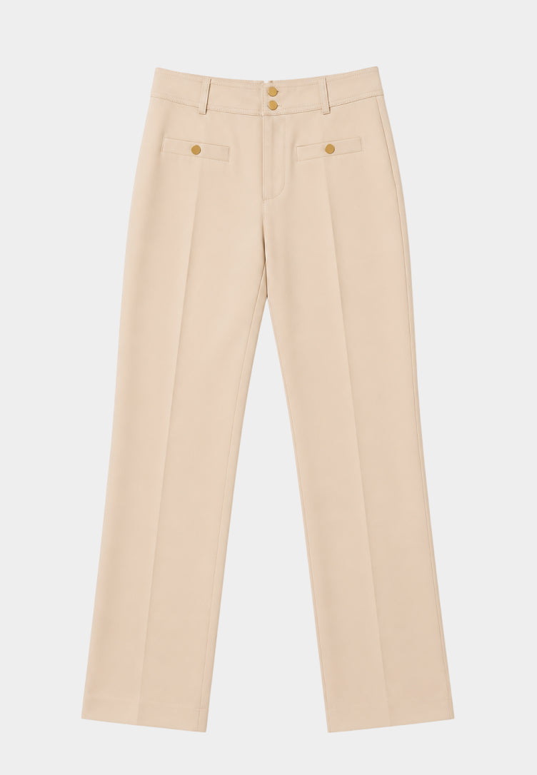 A pair of light beige straight-leg trousers with gold-tone buttons on the front waistband and flap pockets, displayed flat against a light gray background.